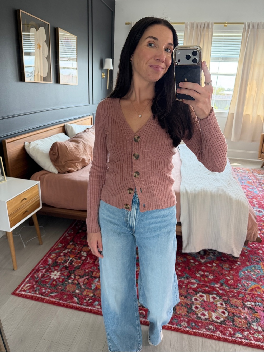 Madewell Ribbed Button-Front Cardigan in Dusty Rose